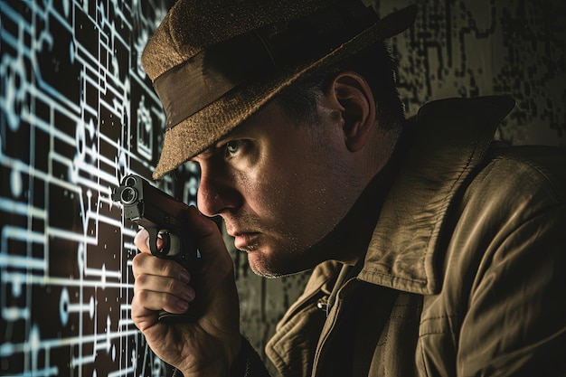 Photo un homme tenant une arme devant un mur