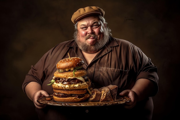 Un homme tenant une assiette de hamburgers avec un hamburger dessus