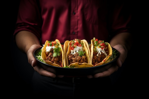 Un homme tenant une assiette avec trois tacos