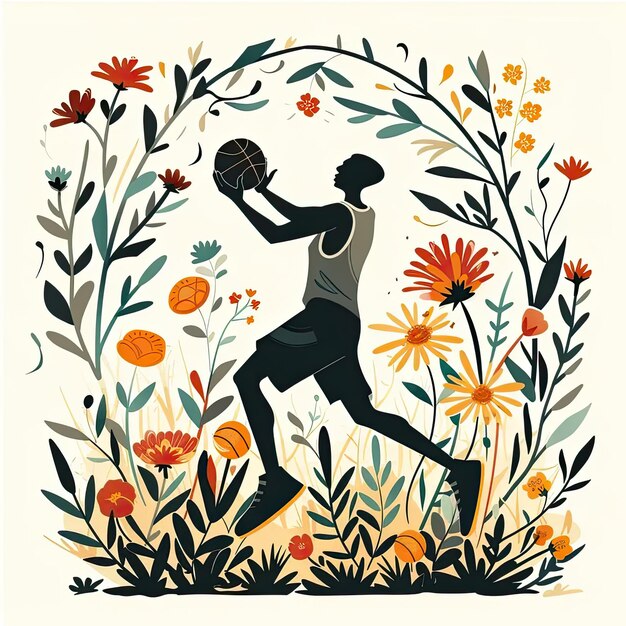 Un homme tenant un ballon de basket dans un champ de fleurs