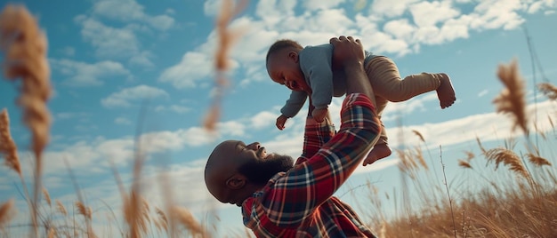 Photo un homme tenant un bébé en l'air