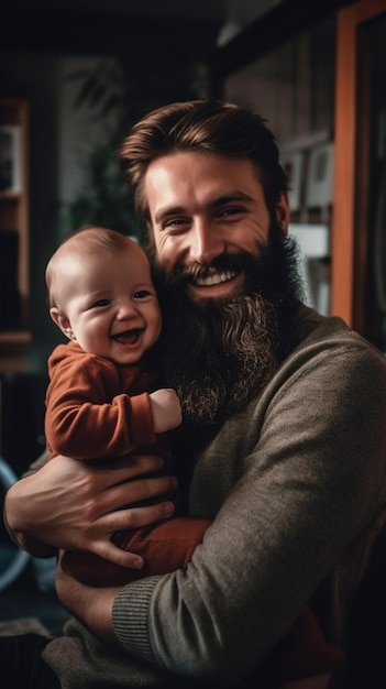 Un homme tenant un bébé avec une barbe