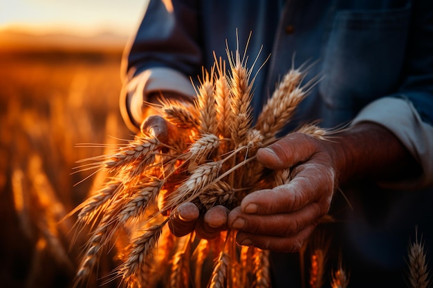 un homme tenant un blé dans un champ de blé