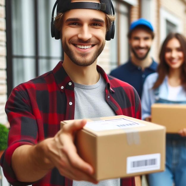 un homme tenant une boîte avec un code à barres dessus