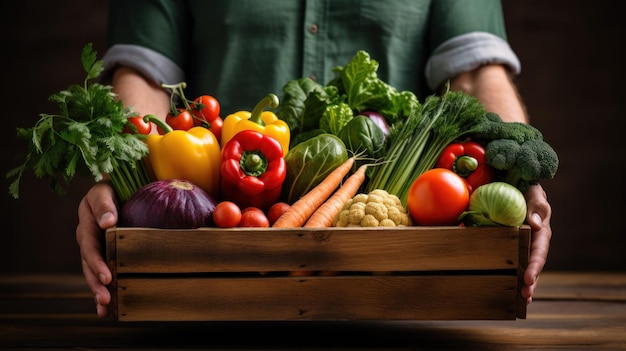 Un homme tenant une boîte avec des légumes frais Concept d'alimentation saine