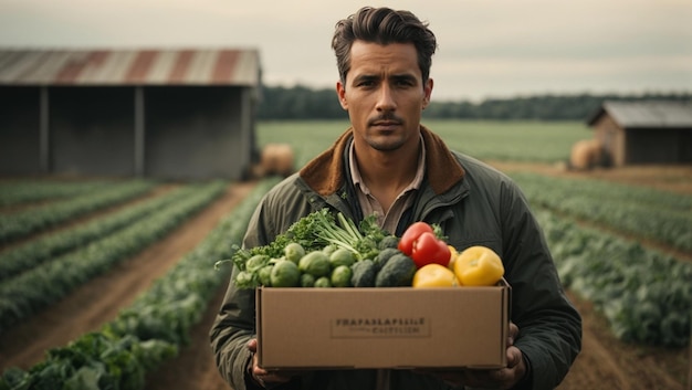 Un homme tenant une boîte avec des légumes frais sur une ferme ou déposé