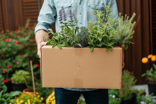 un homme tenant une boîte avec des plantes dedans