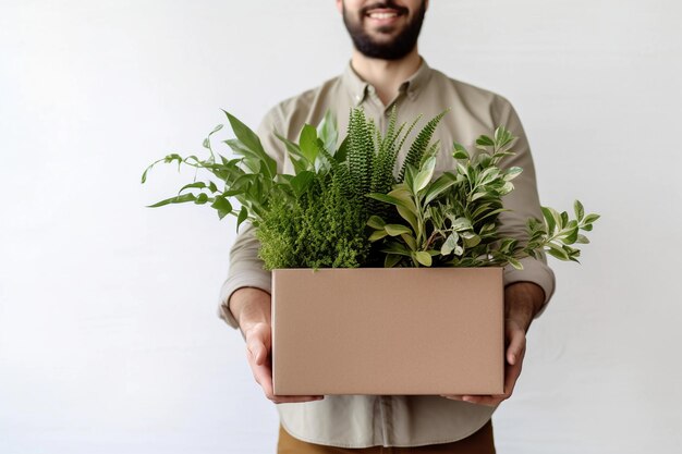 Un homme tenant une boîte de plantes