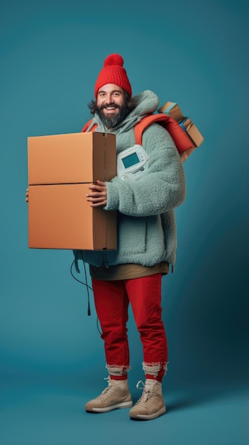 Homme tenant une boîte en vêtements d'hiver