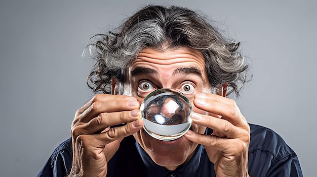 Un homme tenant une boule de verre devant son visage