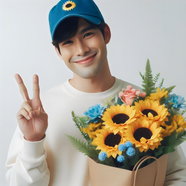 un homme tenant un bouquet de fleurs et un sac en papier avec le mot paix dessus