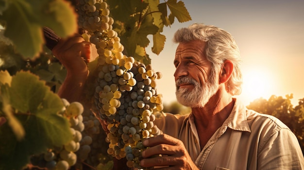 Un homme tenant un bouquet de raisins dans sa main