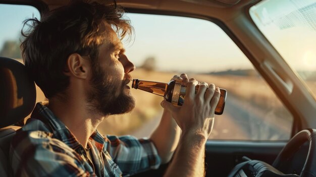 Un homme tenant une bouteille de bière en conduisant sur la route