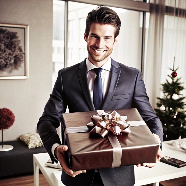 un homme tenant un cadeau qui dit "il le tient"