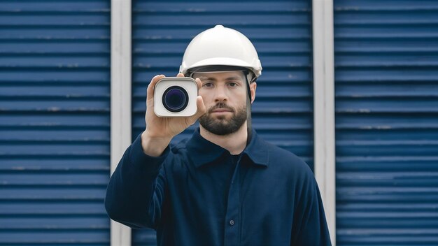 Un homme tenant une caméra de surveillance.