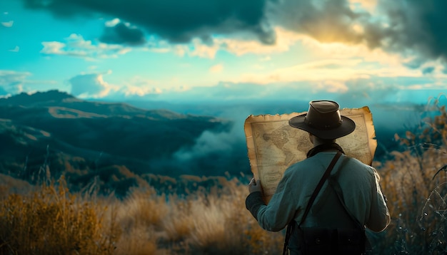 un homme tenant une carte du trésor devant le paysage