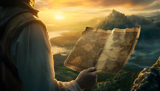 Photo un homme tenant une carte du trésor devant le paysage