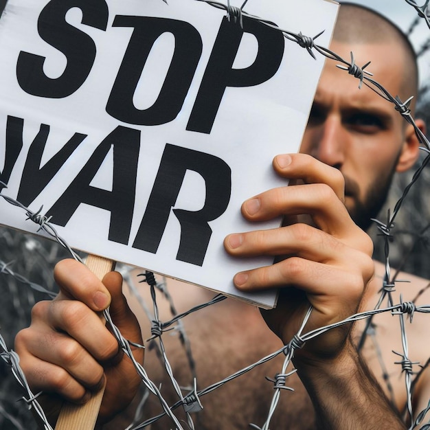 Un homme tenant une carte avec Stop the War écrit dessus à travers la clôture