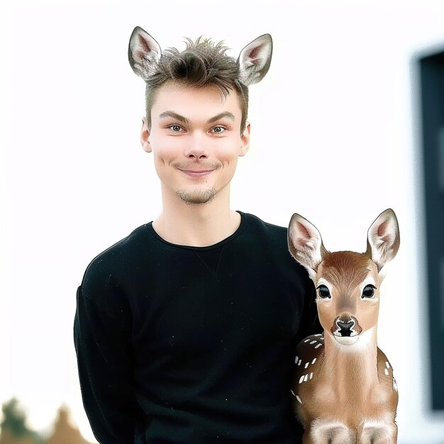 Photo un homme tenant un cerf et une tête de cerf qui sourit