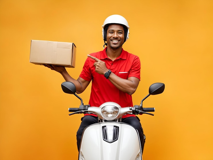 Photo un homme tenant un colis alors qu'il est assis sur un thème de service de livraison de scooter