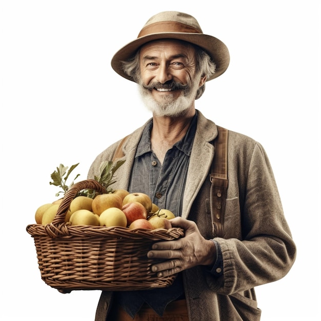 Un homme tenant une corbeille de fruits et une corbeille de pommes.