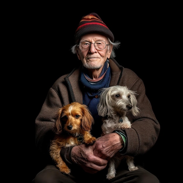 Un homme tenant deux chiens devant un fond noir