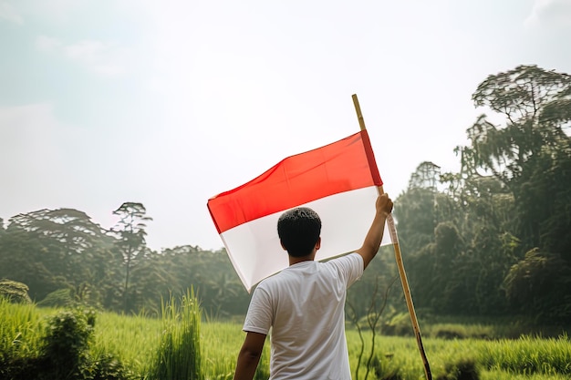 Un homme tenant un drapeau indonésien rouge et blanc au sommet d'une rizière verdoyante