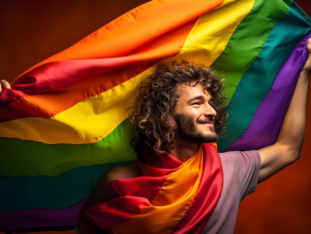 Un homme tenant un drapeau LGBTQ