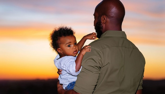 Un homme tenant un enfant devant un coucher de soleil