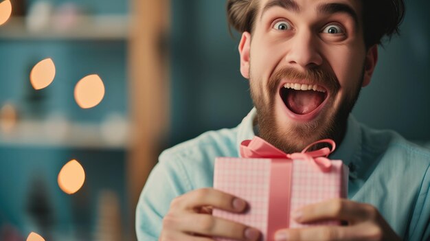 Photo un homme tenant avec enthousiasme une boîte cadeau rose