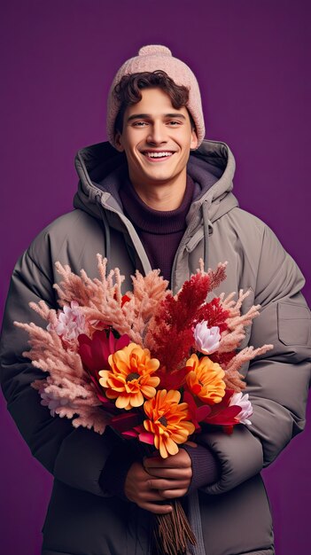 Homme tenant un fleuriste de bouquet de fleurs en hiver