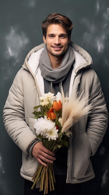 Homme tenant un fleuriste de bouquet de fleurs en hiver