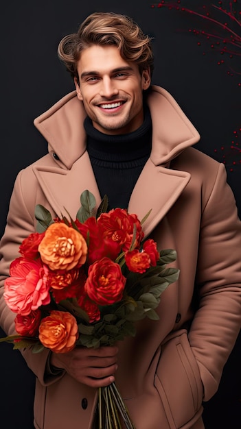 Homme tenant un fleuriste de bouquet de fleurs en hiver