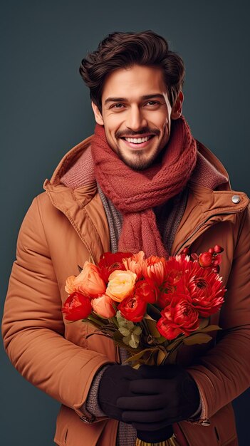 Homme tenant un fleuriste de bouquet de fleurs en hiver