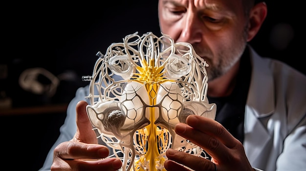 Un homme tenant un modèle 3D d'un cerveau