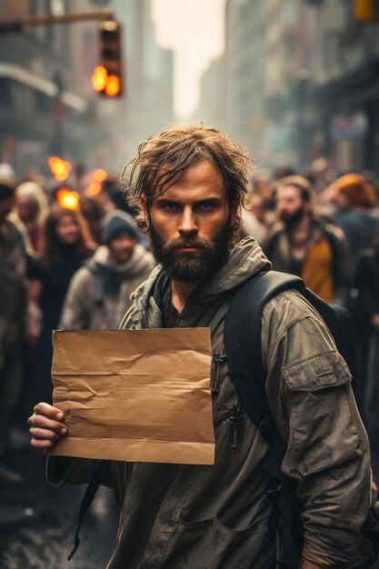 Un homme tenant une pancarte devant une foule qui protestait