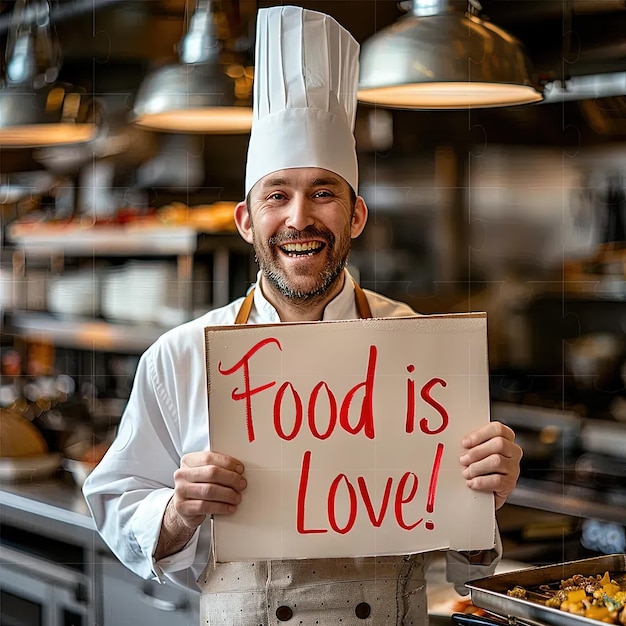 Un homme tenant une pancarte qui dit que la nourriture est l'amour