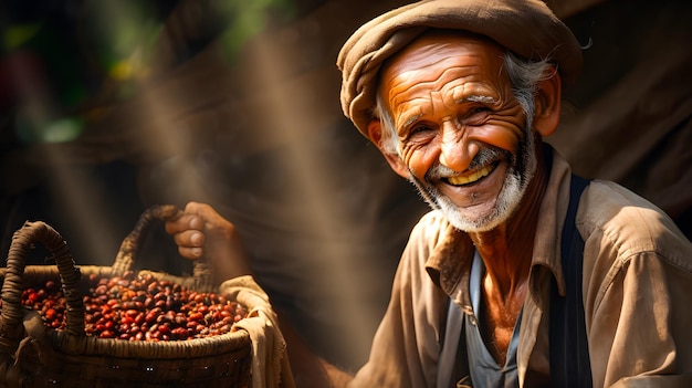 un homme tenant un panier de grains de café