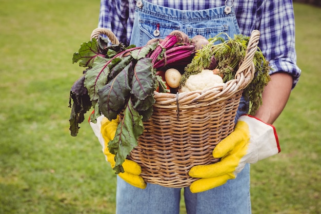 Homme tenant un panier de légumes fraîchement récoltés dans le jardin