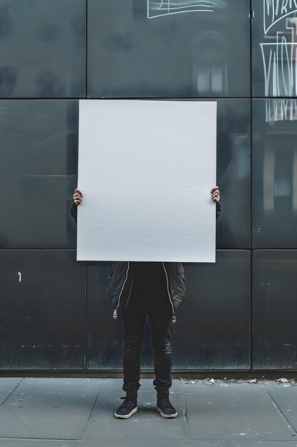 Un homme tenant un panneau blanc devant un mur avec un espace de copie