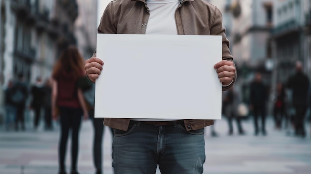 Un homme tenant un panneau blanc