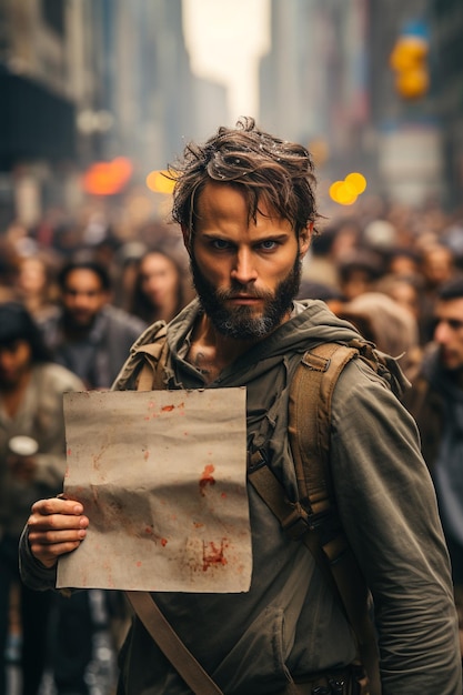 Un homme tenant un panneau devant une foule de protestataires