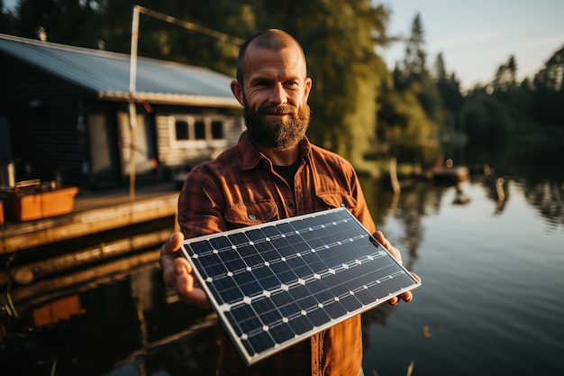 un homme tenant un panneau solaire dans ses mains durabilité de l'énergie écologique