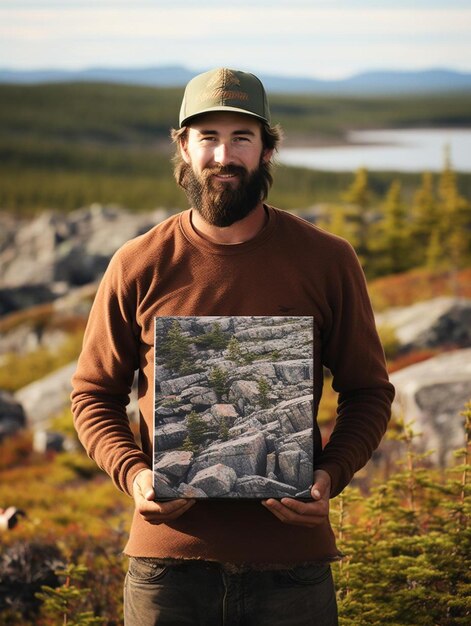 un homme tenant une peinture d'un paysage de montagne