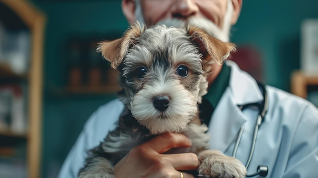 Un homme tenant un petit chien dans ses mains.