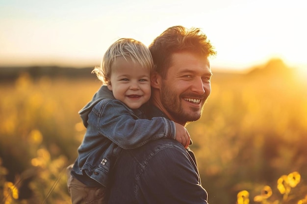 un homme tenant un petit enfant dans un champ