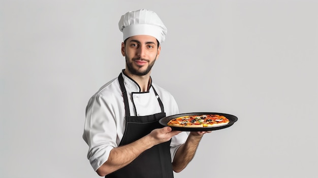 un homme tenant une pizza sur une assiette avec une pizza dessus