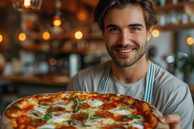 Un homme tenant une pizza dans un restaurant