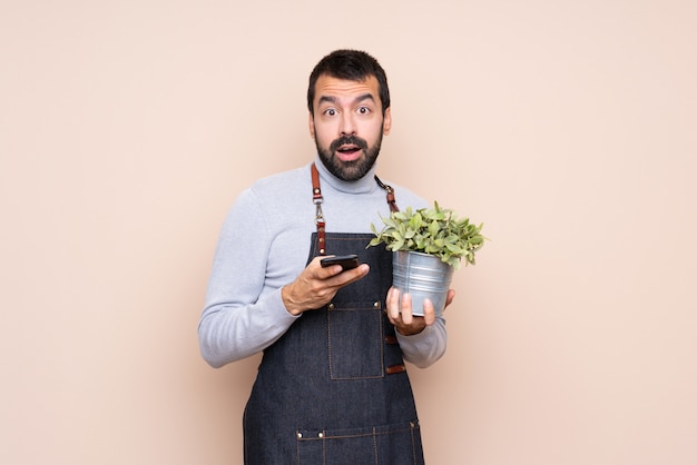 Homme tenant une plante sur un mur isolé surpris et envoyant un message