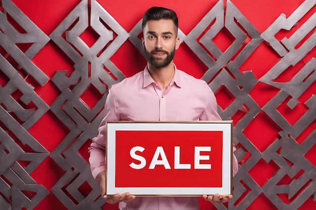 Photo un homme tenant une plaque signalétique de vente rouge et noire